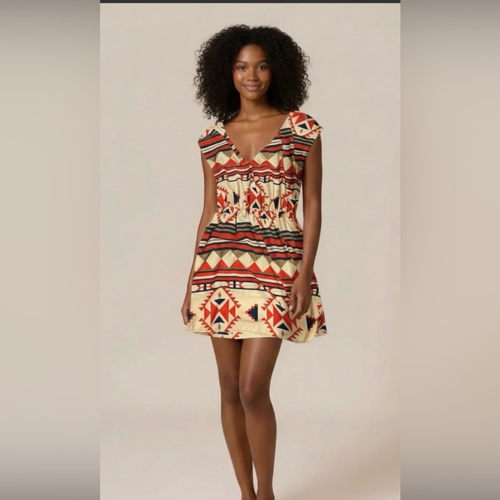 Geometric Print Mini Dress - Red and Tan